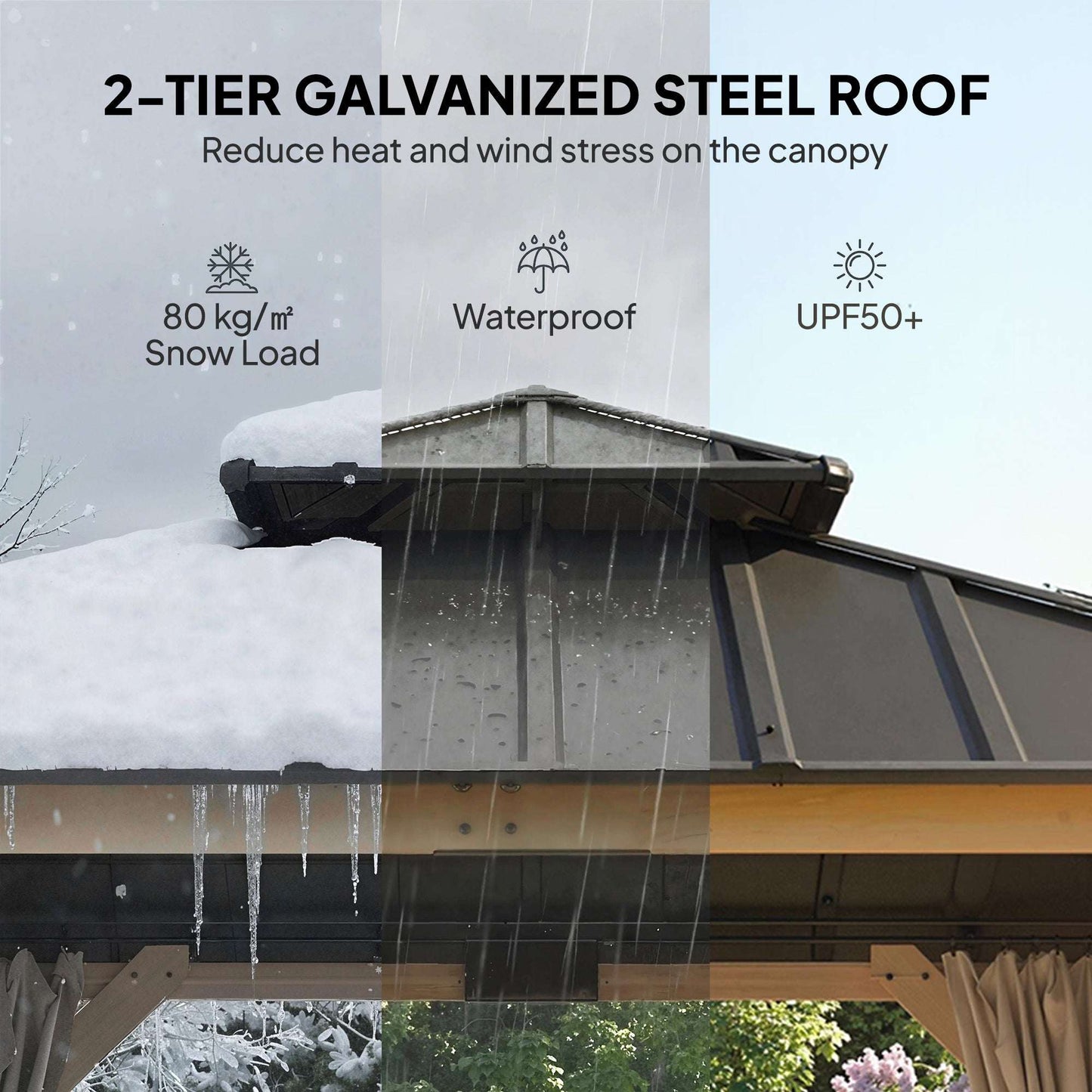 Outsunny 3 x 3 m Outdoor Hardtop Gazebo Canopy with 2-Tier Steel Roof, Wood Garden Gazebo with Curtains, Grey