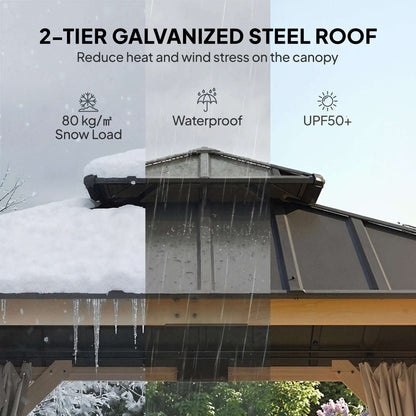 Outsunny 3 x 3 m Outdoor Hardtop Gazebo Canopy with 2-Tier Steel Roof, Wood Garden Gazebo with Curtains, Grey