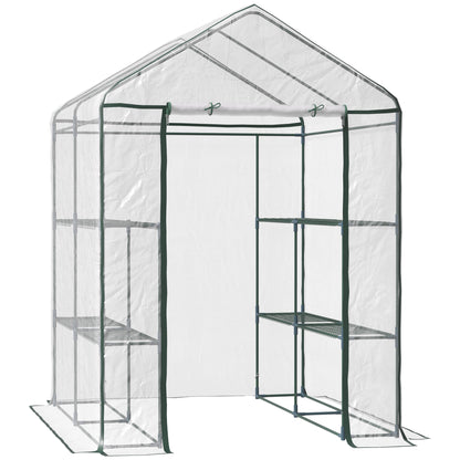 Outsunny Walk in Greenhouse with 3-Tier 8 Shelves, Green House with Hemmed Cover, Roll-up Zipped Door, Steel Frame, 143 x 143 x 195cm