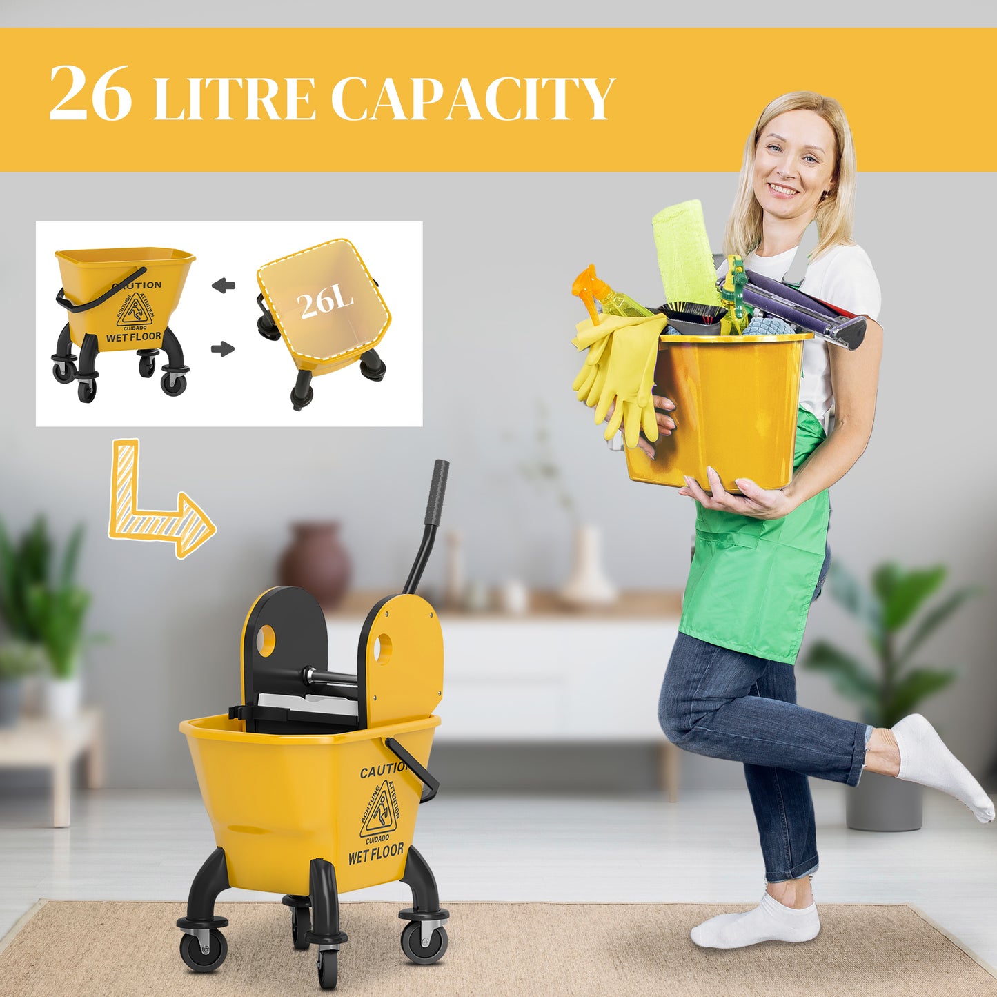 HOMCOM 26 Litre Mop Bucket, with Wringer and Mop - Yellow