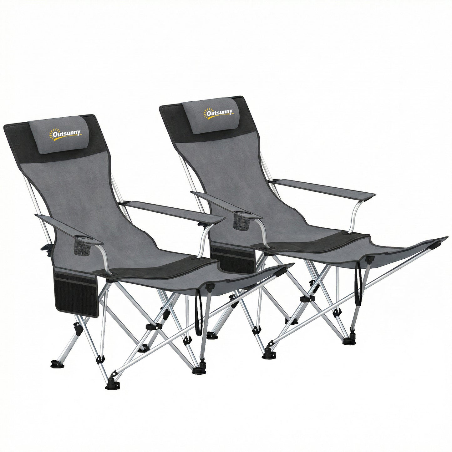 Outsunny Set of 2 Reclining Folding Camping Chair w/ Detachable Footrest, Storage Bag, Cup Holder & Headrest, Lightweight Portable Camp Chair for Beach, Picnic, Grey and Black