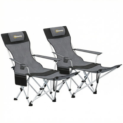Outsunny Set of 2 Reclining Folding Camping Chair w/ Detachable Footrest, Storage Bag, Cup Holder & Headrest, Lightweight Portable Camp Chair for Beach, Picnic, Grey and Black