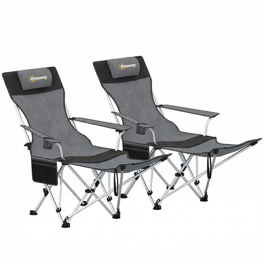 Outsunny Set of 2 Reclining Folding Camping Chair w/ Detachable Footrest, Storage Bag, Cup Holder & Headrest, Lightweight Portable Camp Chair for Beach, Picnic, Grey and Black
