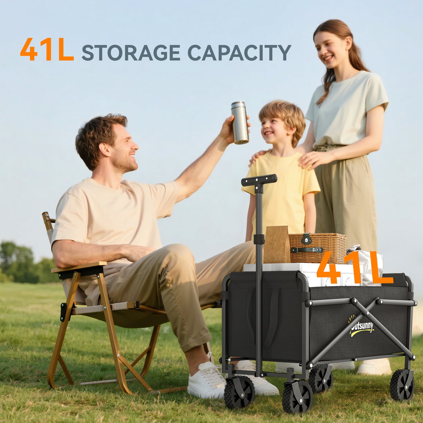 Outsunny 41L Festival Trolley on Wheels, Compact Garden Folding Trolley Cart, 60kg Heavy Duty Collapsible Foldable Wagon with Adjustable Handle and Carrying Bag for Beach, Camping, Festival, Black