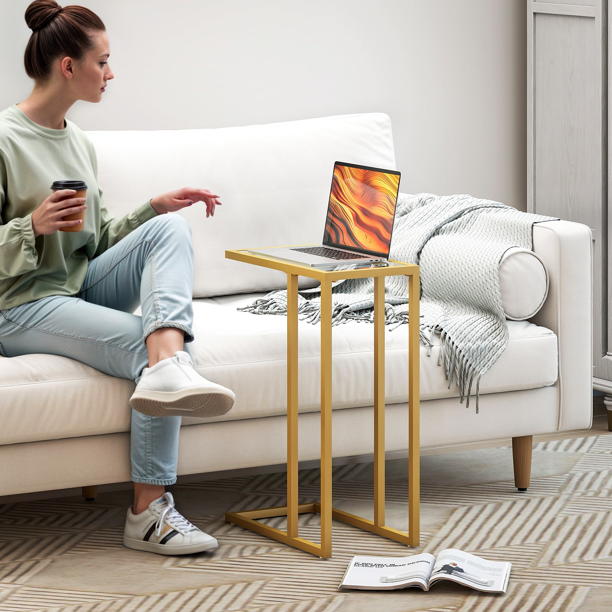 HOMCOM C-Shaped Side Table, Modern Slim End Table with Tempered Glass Tabletop, Steel Frame for Small Space, Living Room, Bedroom, Gold Tone-End Tables-ChewyGames-ChewyGames