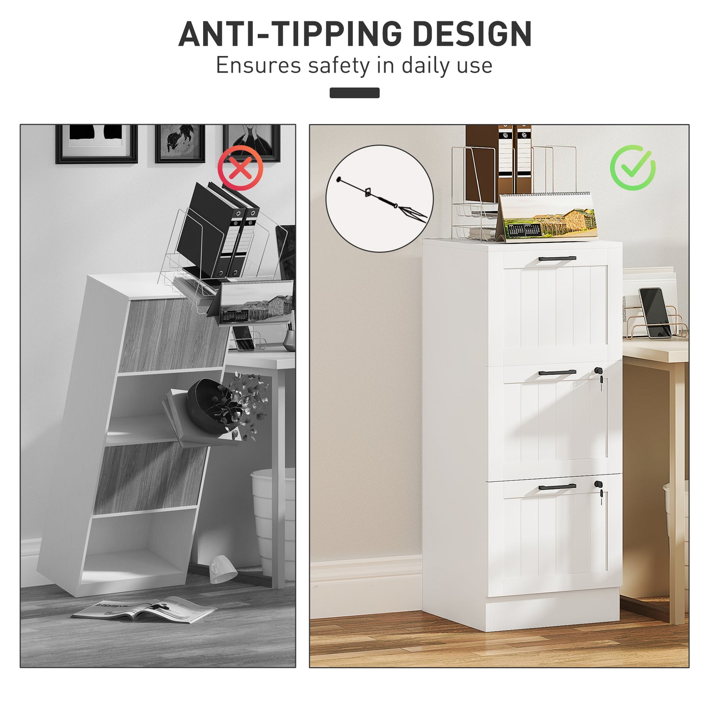 HOMCOM 3 Drawer Filing Cabinet with Lock, Office Storage Cabinet with Adjustable Hanging Bars for A4 Letter Size Files, White