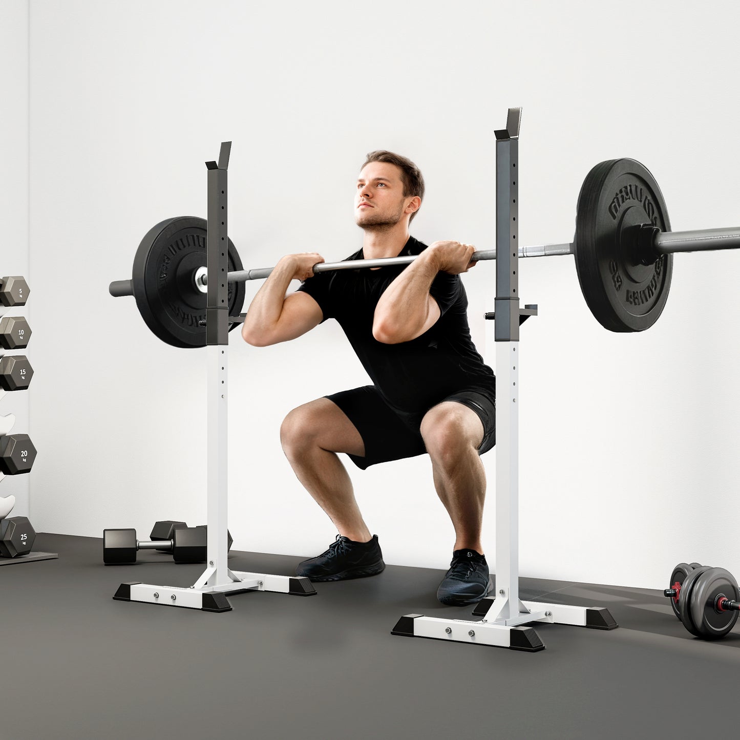 HOMCOM Heavy Duty Weight Bar Barbell Squat Stand Barbell Rack Spotter, for Home, Gym - Black