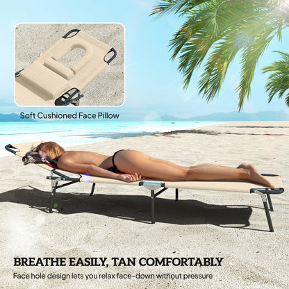 Outsunny Folding Sun Loungers Set of 2 with Face Hole, 4-Position Adjustable Backrest Garden Recliner Chairs Sunbeds, Outdoor Lounge Chairs with 600 D Oxford Cloth Seat, Pillow for Beach, Sand