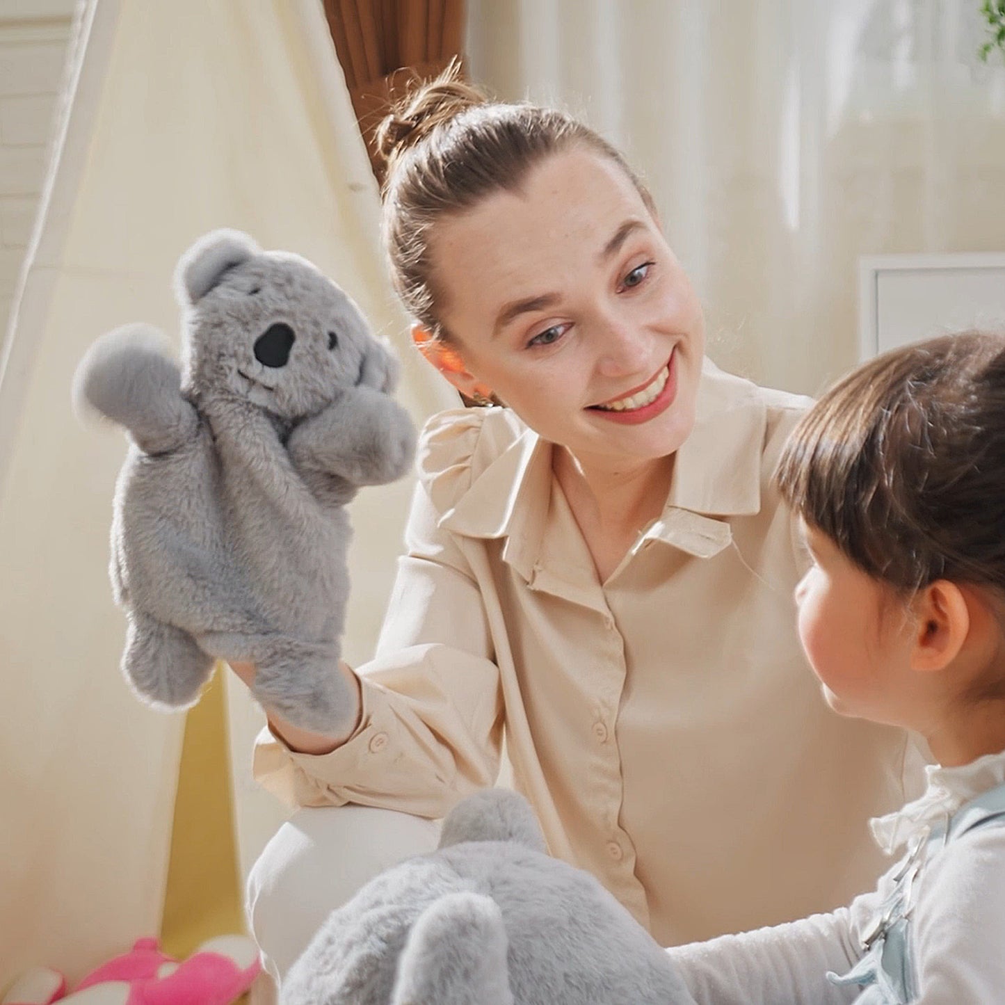 HOMCOM Kids Toddler Rocking Horse Plush Ride On Koala Rocker Wooden Base Seat Safety Belt w/ Gloved Doll Toy for 18-36 Months Grey