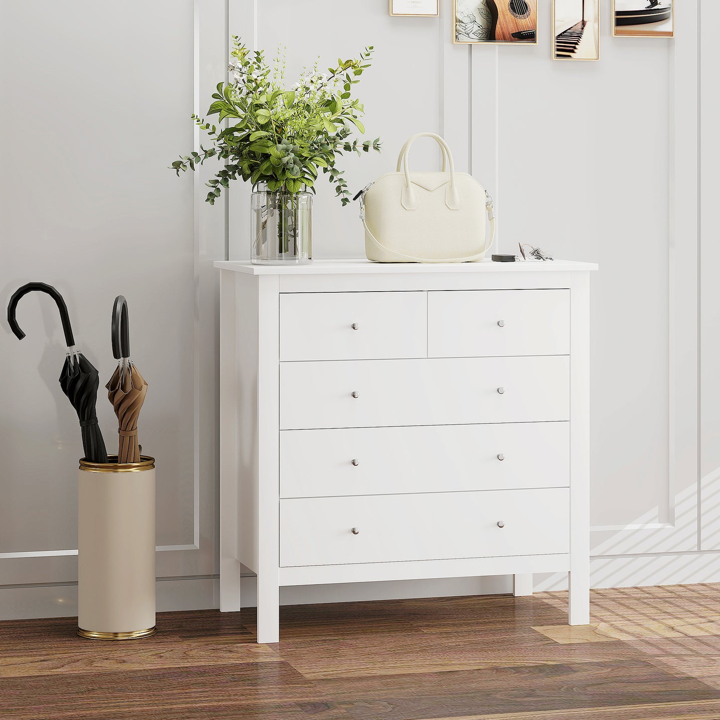 HOMCOM 5 Drawer Dresser for Bedroom, Modern Chest of Drawers, Wide Storage Unit for Living Room, Hallway, Closet, White