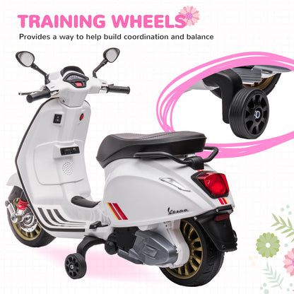 AIYAPLAY 12V Vespa Licensed Kids Electric Motorbike w/ Music, Lights, FM Radio, for 3-6 Years - White