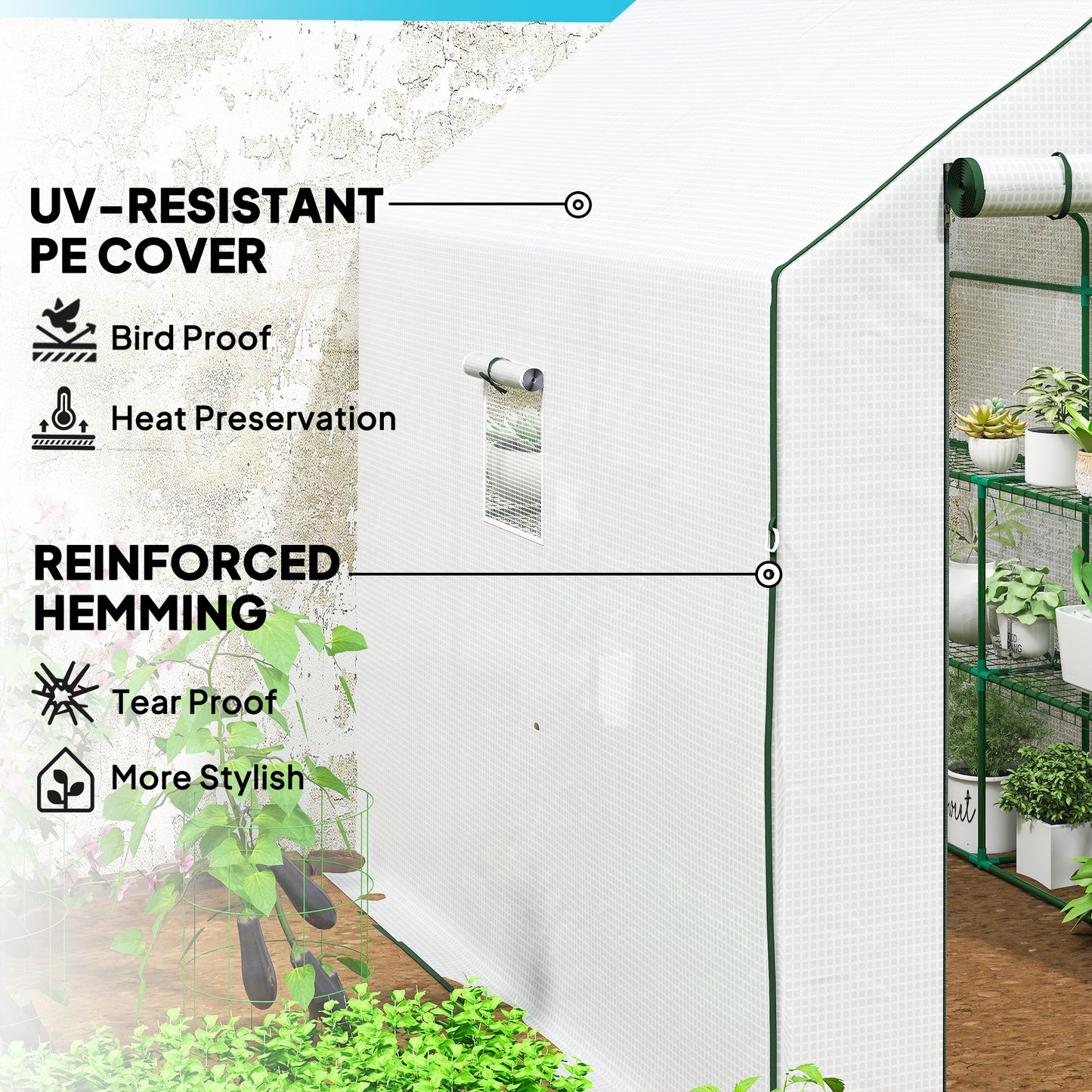 Outsunny Walk-in Greenhouse with 3 Tier 12 Shelves, Small Greenhouse with Reinforced PE Cover, Garden Plant Growhouse with Roll-up Door and Three Mesh Windows, 140 x 213 x 190 cm, White