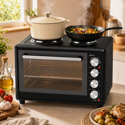 HOMCOM 46L Mini Oven with Dual Hot Plates, Electric Countertop Cooker with Convection, 90–230°C Adjustable Temperature