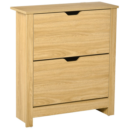 HOMCOM Narrow Shoe Cabinet, Space Saving Shoe Storage Cabinet with 2 Flip Drawers and Adjustable Shelves for 6-12 Pairs of Shoes for Hallways and Living Room, Natural Wood Finish