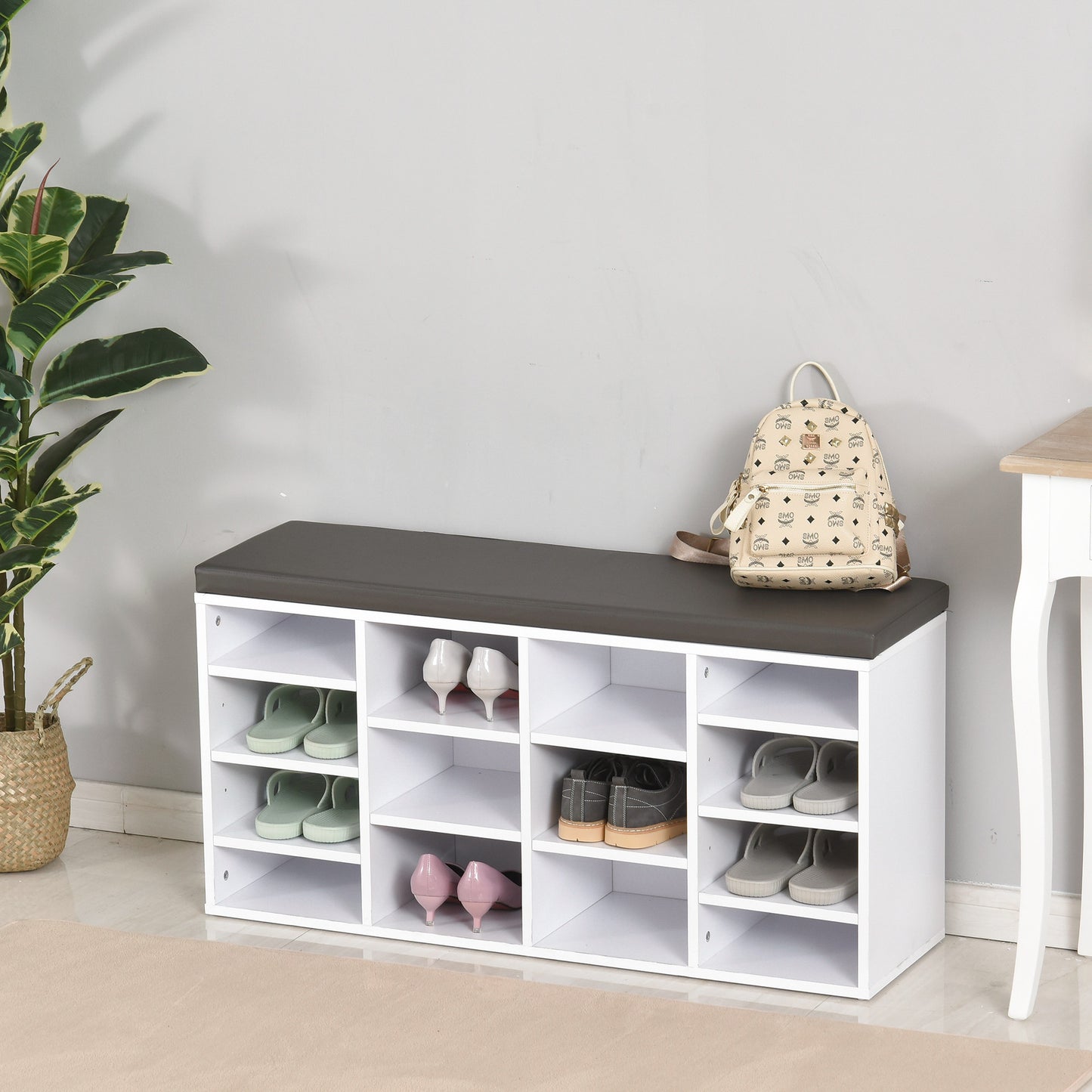 HOMCOM Multi-Storage Shoe Rack with 14 Compartments Cushion Moving Shelves, Solid Frame Foot Pads, White