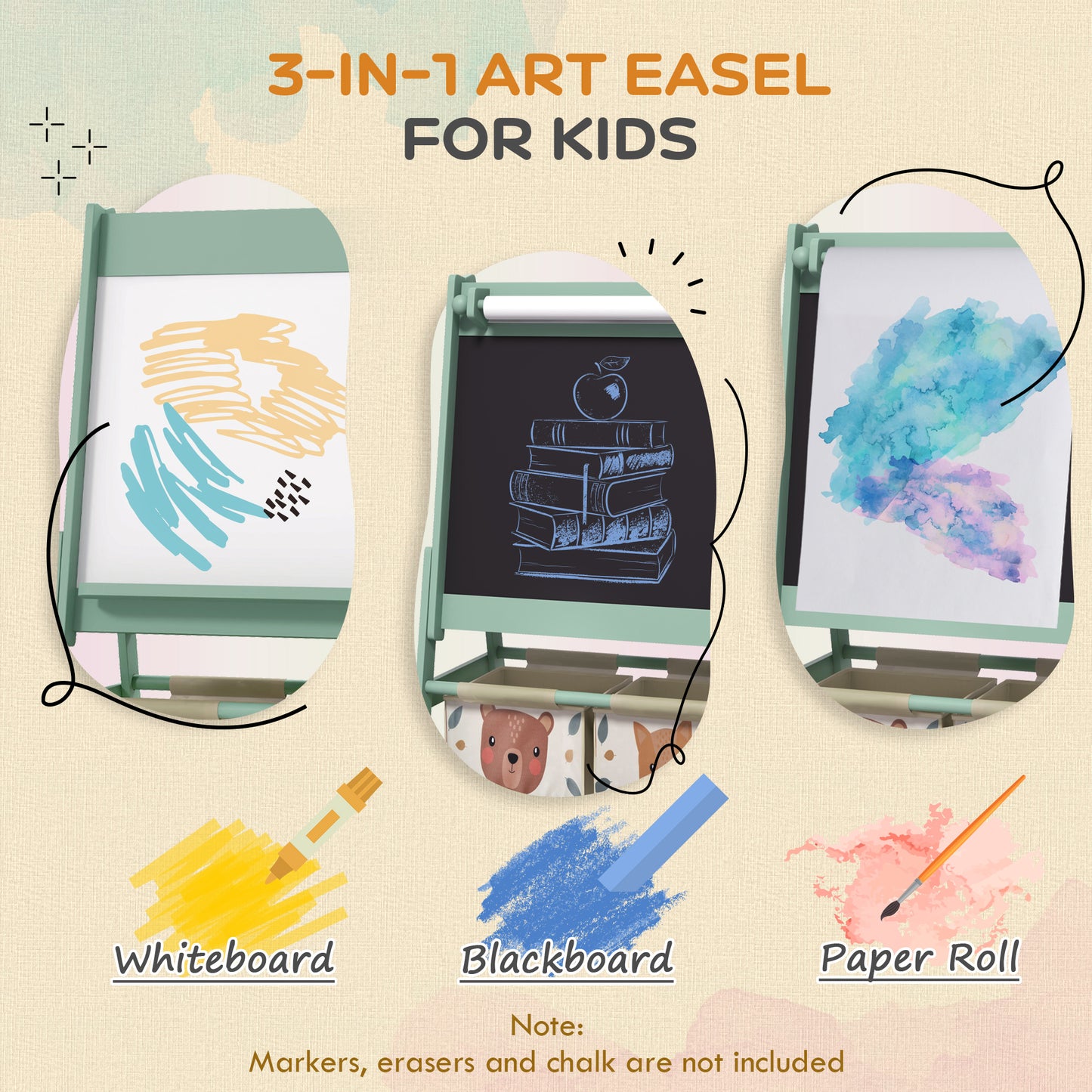 AIYAPLAY Three-In-One Kids Easel with Paper Roll, Art Easel, with Storage - Green--ChewyGames-ChewyGames