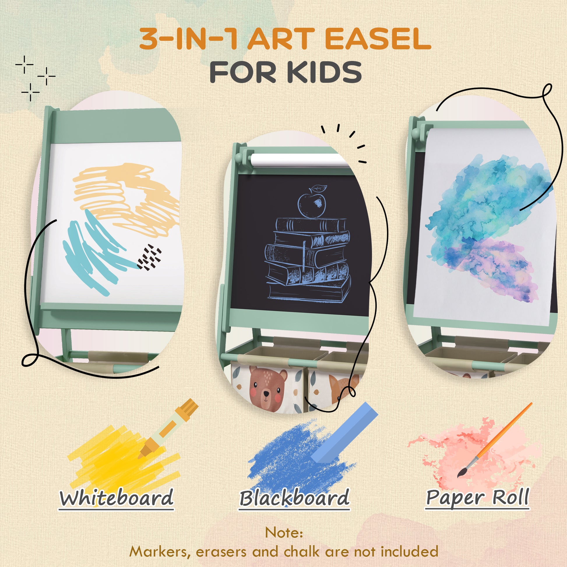 AIYAPLAY Three-In-One Kids Easel with Paper Roll, Art Easel, with Storage - Green--ChewyGames-ChewyGames