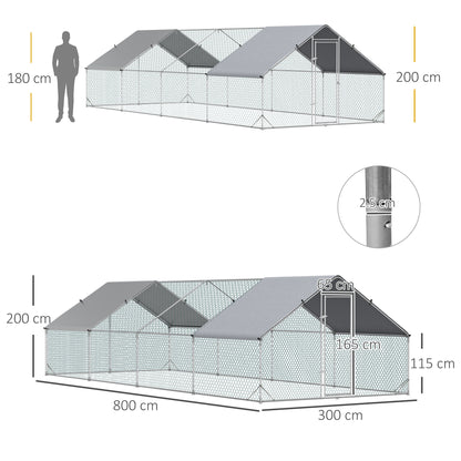 PawHut Chicken Run Galvanised Walk-in Chicken Coop Hen Poultry House Cage Rabbit Hutch with Water-Resist Cover, 3 x 8 x 2m