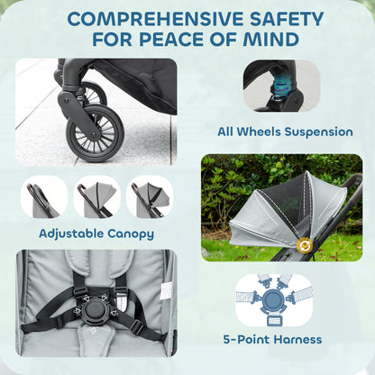 AIYAPLAY Foldable Baby Stroller with Adjustable Seat, 5-Point Harness, Canopy, Basket, 6.3kg Lightweight & Compact, Light Grey