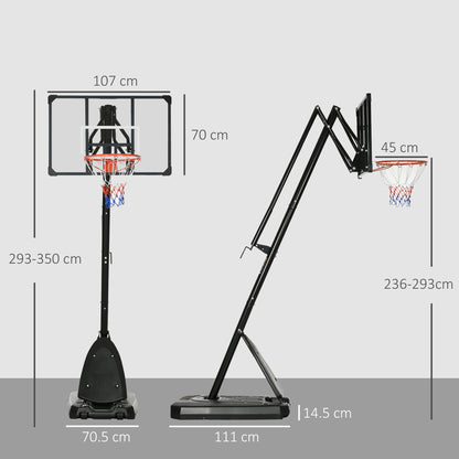 SPORTNOW 2.4-2.9m Adjustable Basketball Hoop and Stand with Weighted Base, Portable on Wheels, Black