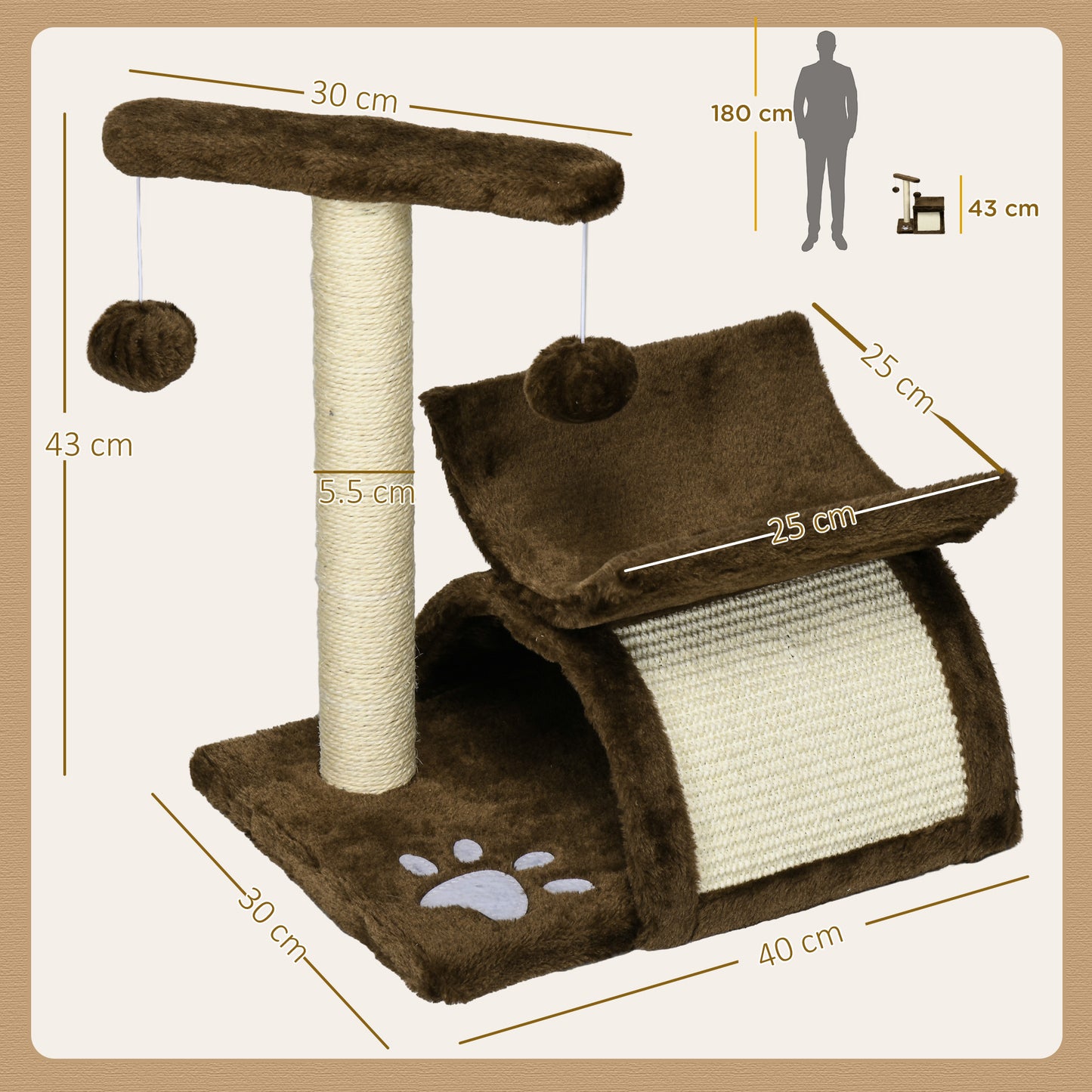 PawHut Cat Tree, Cat Tower for Kittens with Rotatable Top Bar, Sisal Scratching Post, Tunnel, Dangling Balls - Brown--ChewyGames-ChewyGames
