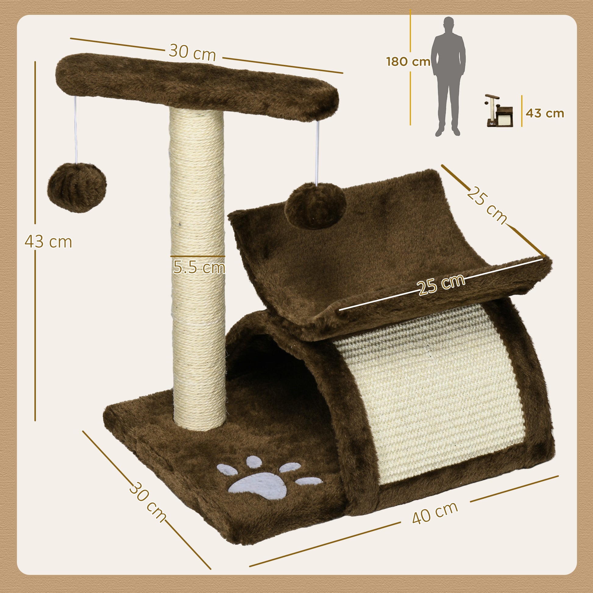 PawHut Cat Tree, Cat Tower for Kittens with Rotatable Top Bar, Sisal Scratching Post, Tunnel, Dangling Balls - Brown--ChewyGames-ChewyGames