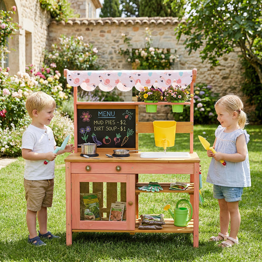 AIYAPLAY Kids Mud Kitchen with Canopy, Outdoor Wooden Play Kitchen with Planter Box, Accessories for Age 3-6, Pink-Toy Kitchens-ChewyGames-ChewyGames