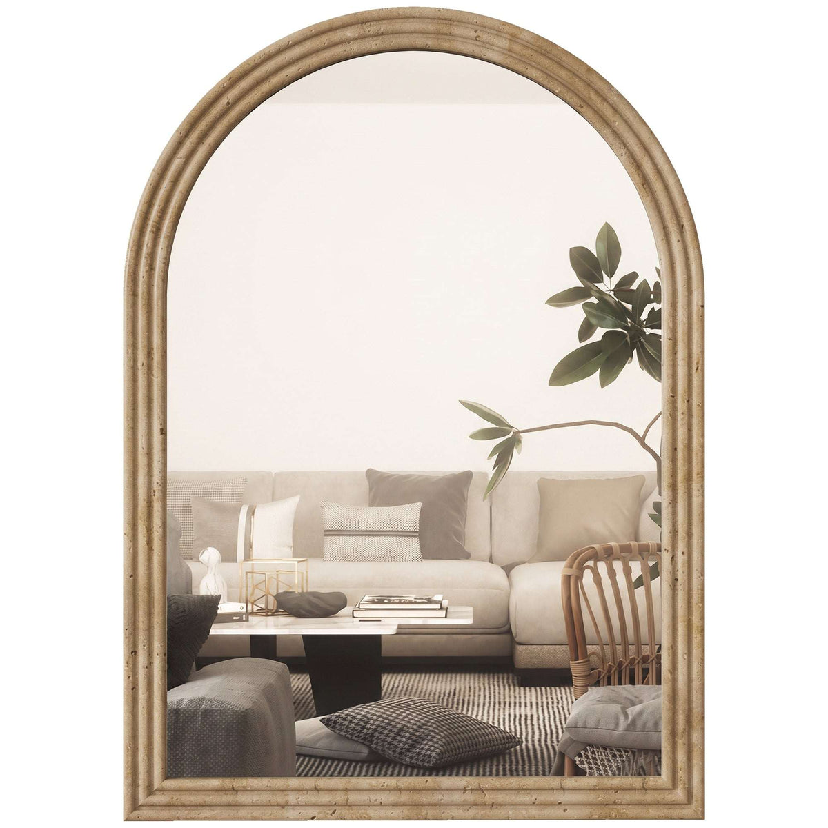 HOMCOM Modern Wall-Mounted Mirror, Arched Wall Mirror with Grooved Edge for Living Room, Entryway, Hallway, Brown