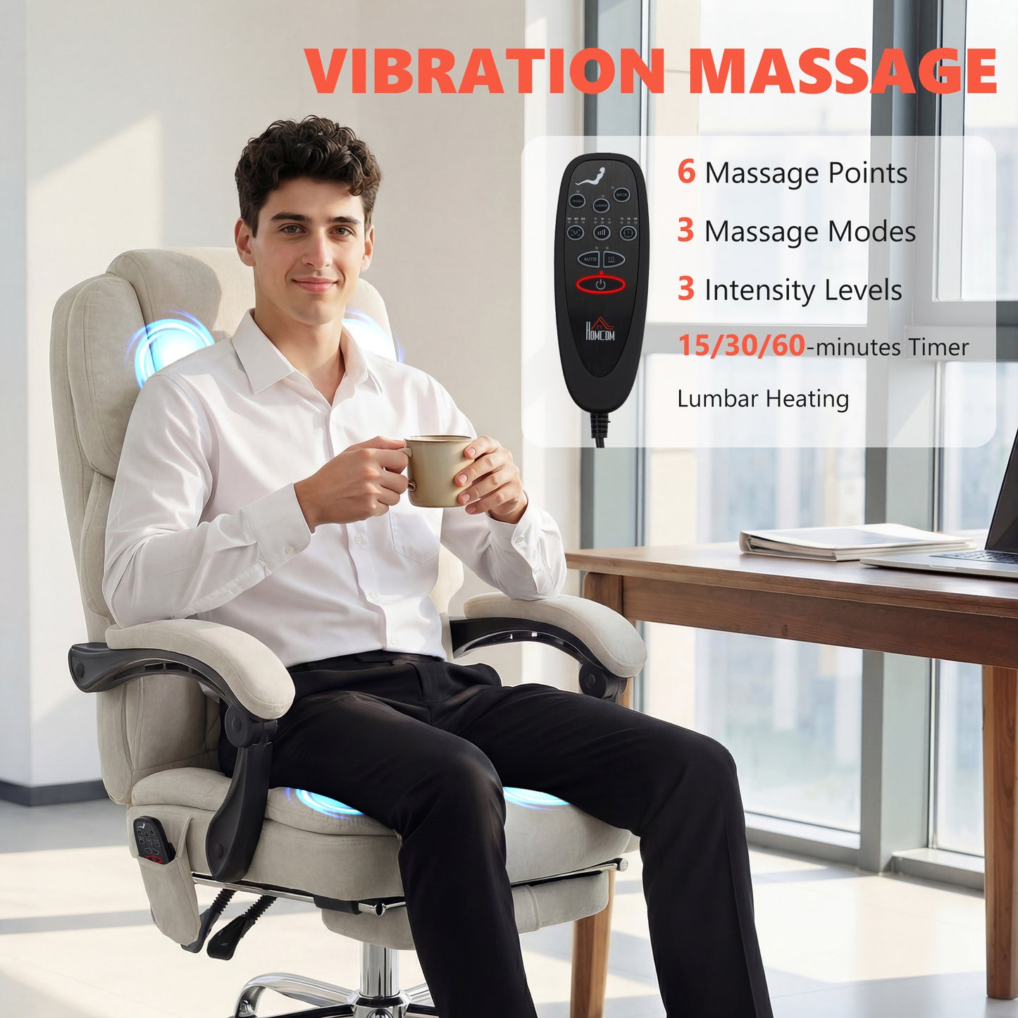 HOMCOM Office Chair with 6-point Vibration Massage and Heat, Fabric Desk Chair with Footrest, High Back, Cream White-Office Chairs-ChewyGames-ChewyGames