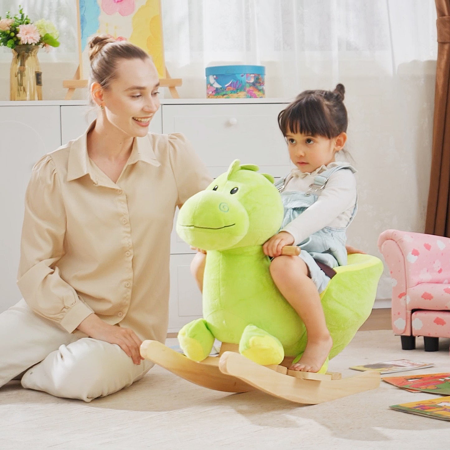 HOMCOM Kids Rocking Horse, Plush Ride-On Dinosaur Seat, with Seat Seat Belt, 32 Songs, Ride-On Horse--ChewyGames-ChewyGames