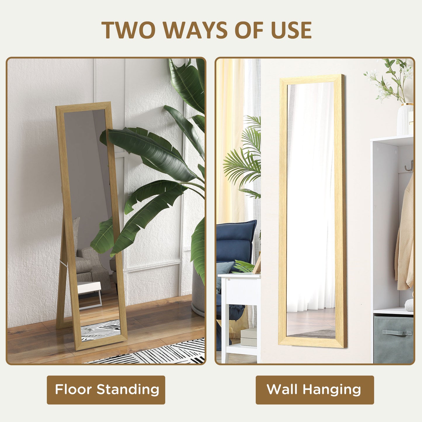 HOMCOM Full Length Mirror, 37 x 157 cm, Hanging or Freestanding, Rectangular Glass Full Body Mirror with Frame for Living Room, Bedroom, Cloakroom, Natural