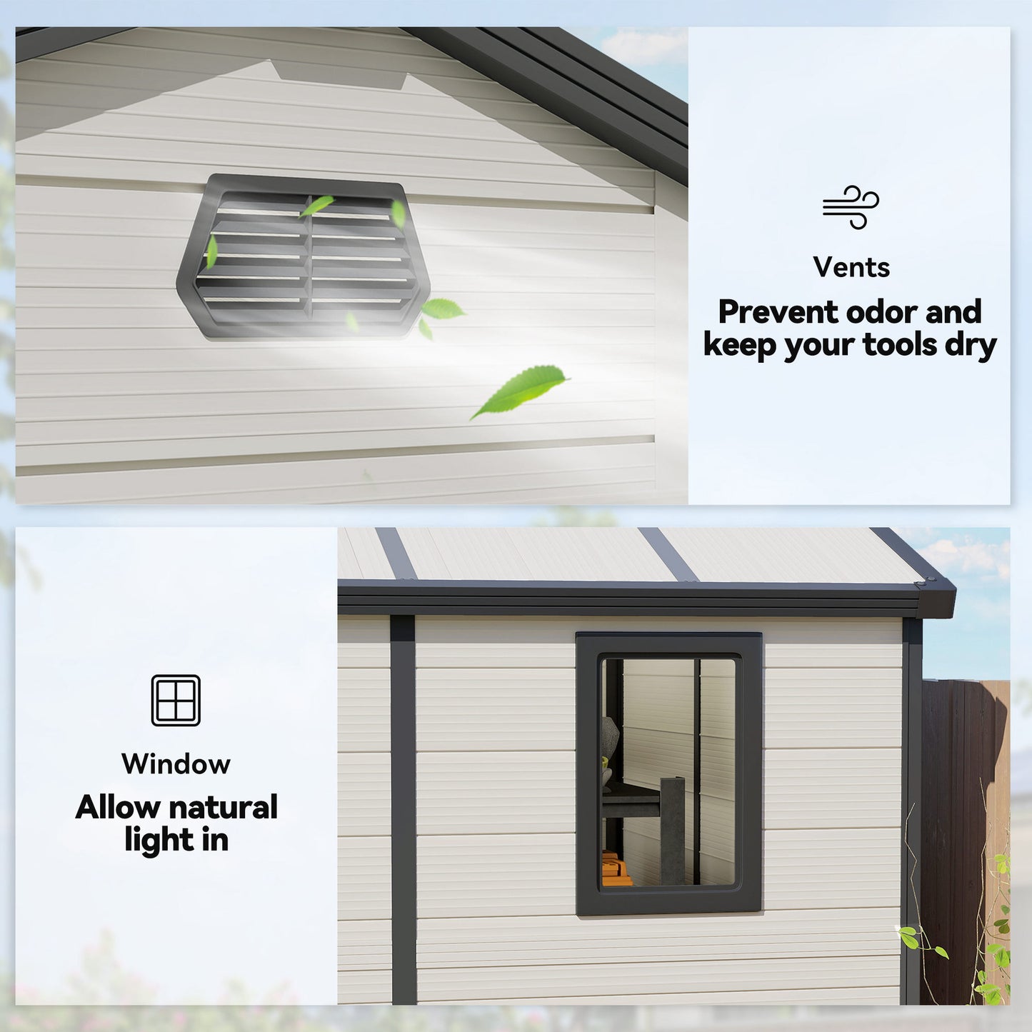 Outsunny 7.9ft x 6.2ft Recycled Garden Shed with Aluminium Frame and Plastic,  Wall Shed with Foundation, Waterproof and Rustproof - Cream White