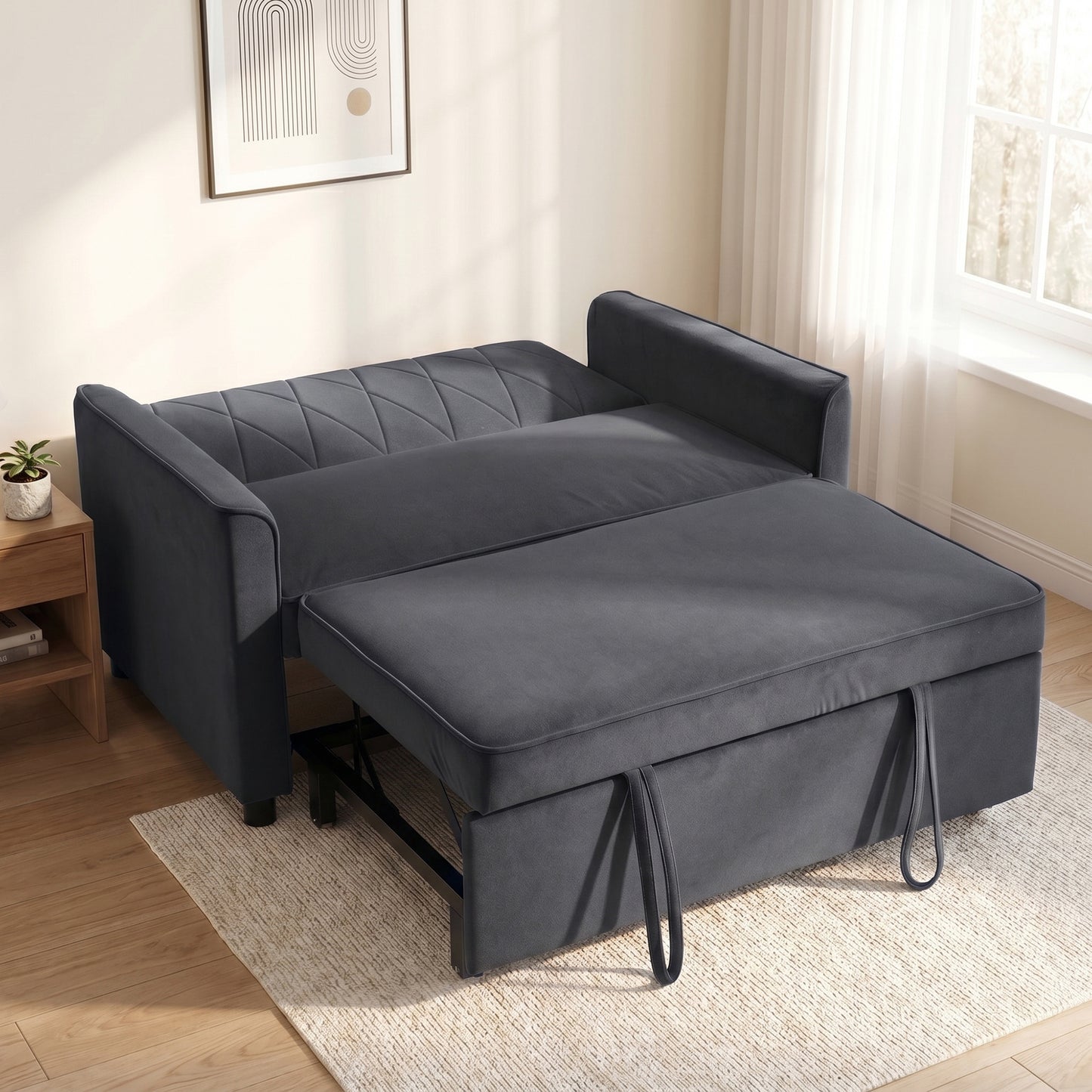 HOMCOM 2 Seater Sofa Bed, 3-in-1 Convertible Pull Out Sleeper Sofa with Clik-Clack Adjustable Backrest, Dark Grey