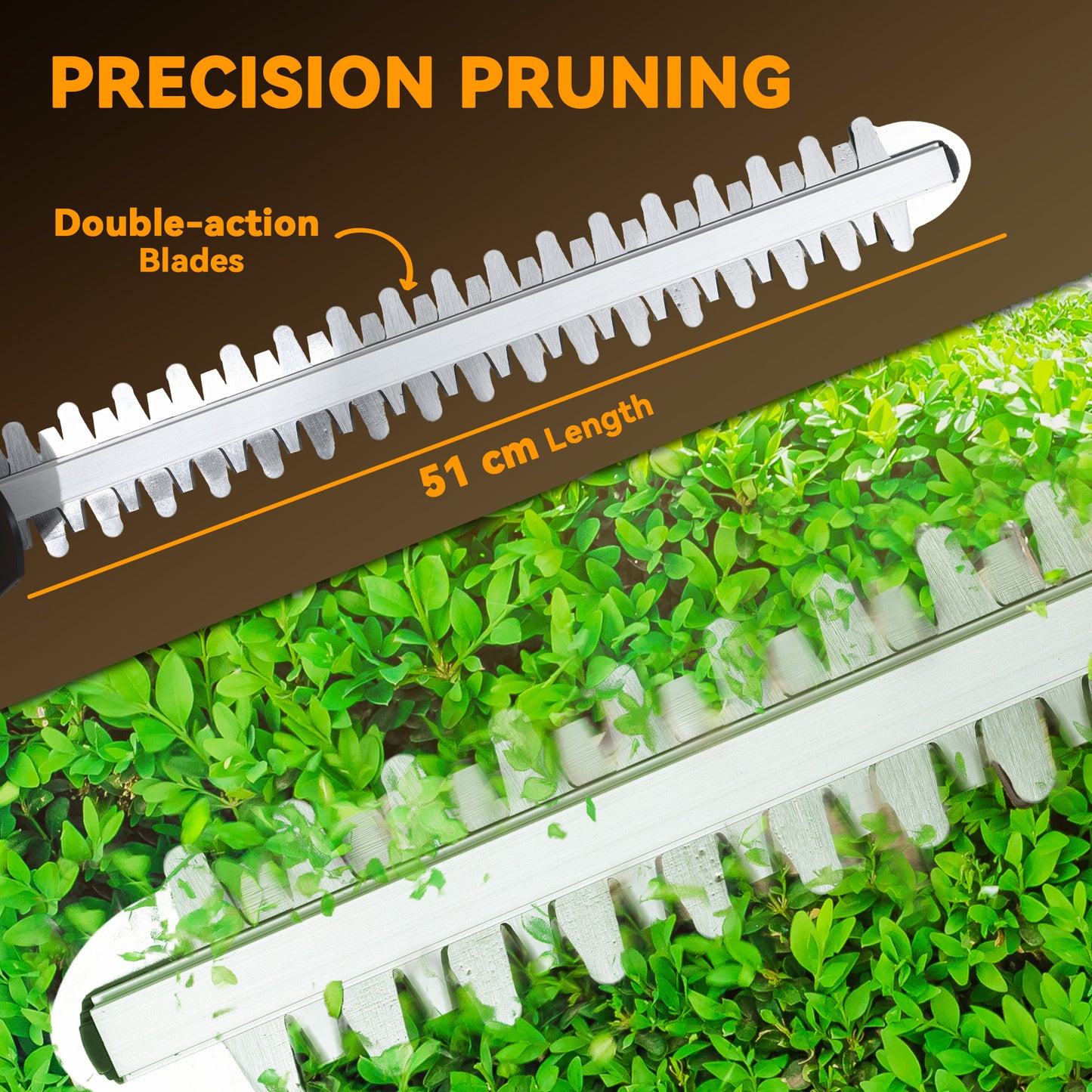 Outsunny 20" Cordless Hedge Trimmer, 18V Electric Hedge Cutter with 51cm Dual Action Blade, 2 x 4000mAh Batteries and Brushless Motor for Garden Branches, Shrubs, Twigs, Orange