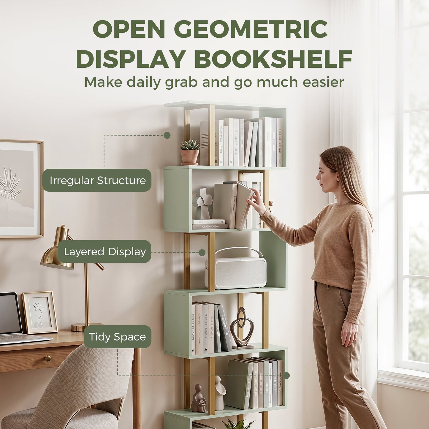HOMCOM S-Shaped Bookshelf, 6-Tier Bookcase, Freestanding Storage Shelves with Anti-Tip Strap for Living Room, Light Green