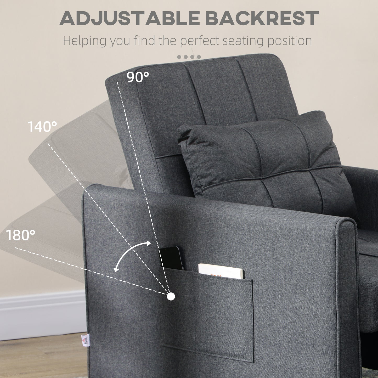 HOMCOM 3-In-1 Linen-Look Single Chair Bed with Adjustable Back & Eucalyptus Wood Sofa Frame - Grey