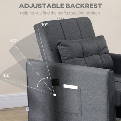 HOMCOM 3-In-1 Linen-Look Single Chair Bed with Adjustable Back & Eucalyptus Wood Sofa Frame - Grey