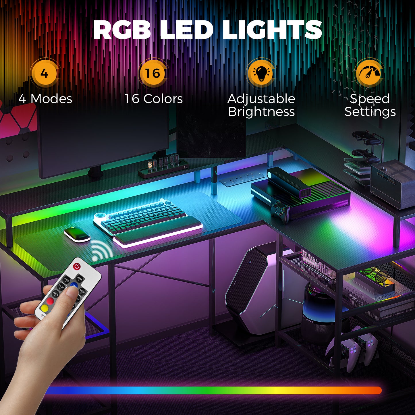 HOMCOM L Shaped Gaming Desk with LED Lights and Power Outlets, 150cm Corner Computer Desk for Small Space, Black