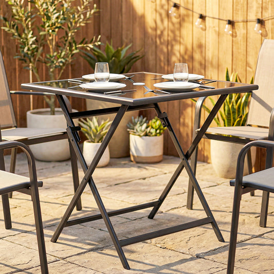 Outsunny Folding Outdoor Dining Table, Square Garden Table Tempered Glass Top with Parasol Hole Garden Patio, 70 x 70 x 70 cm