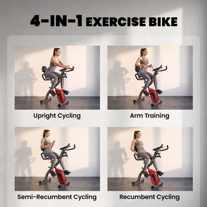 SPORTNOW 4-In-1 Folding Exercise Bike with Resistance Bands, Bluetooth App, 8-Level Magnetic Resistance, LCD Display, Red