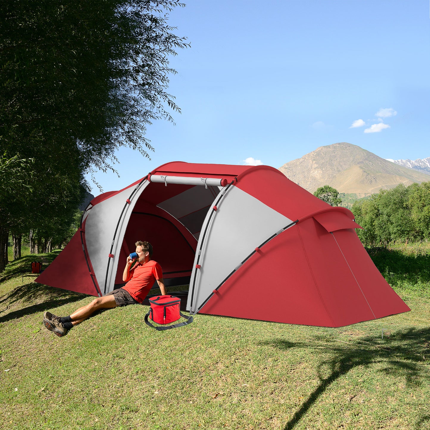 Outsunny 4-6 Man UV Protection Camping Tent - Grey and Red