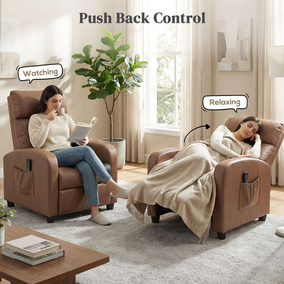 HOMCOM Recliner Armchair, Massage Faux Leather Push Back Reclining Chair with Adjustable Leg Rest, Side Pocket, Dark Brown