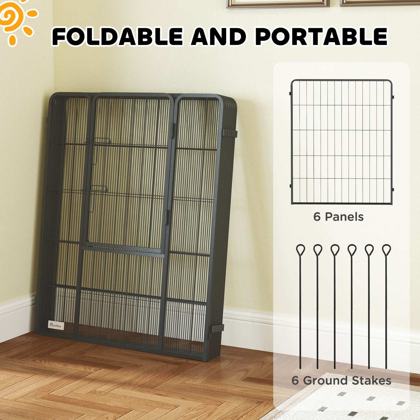 PawHut 6 Panels Dog Playpen, Portable Detachable Puppy Pen with Door, for Large Dogs, 100cm High, Grey