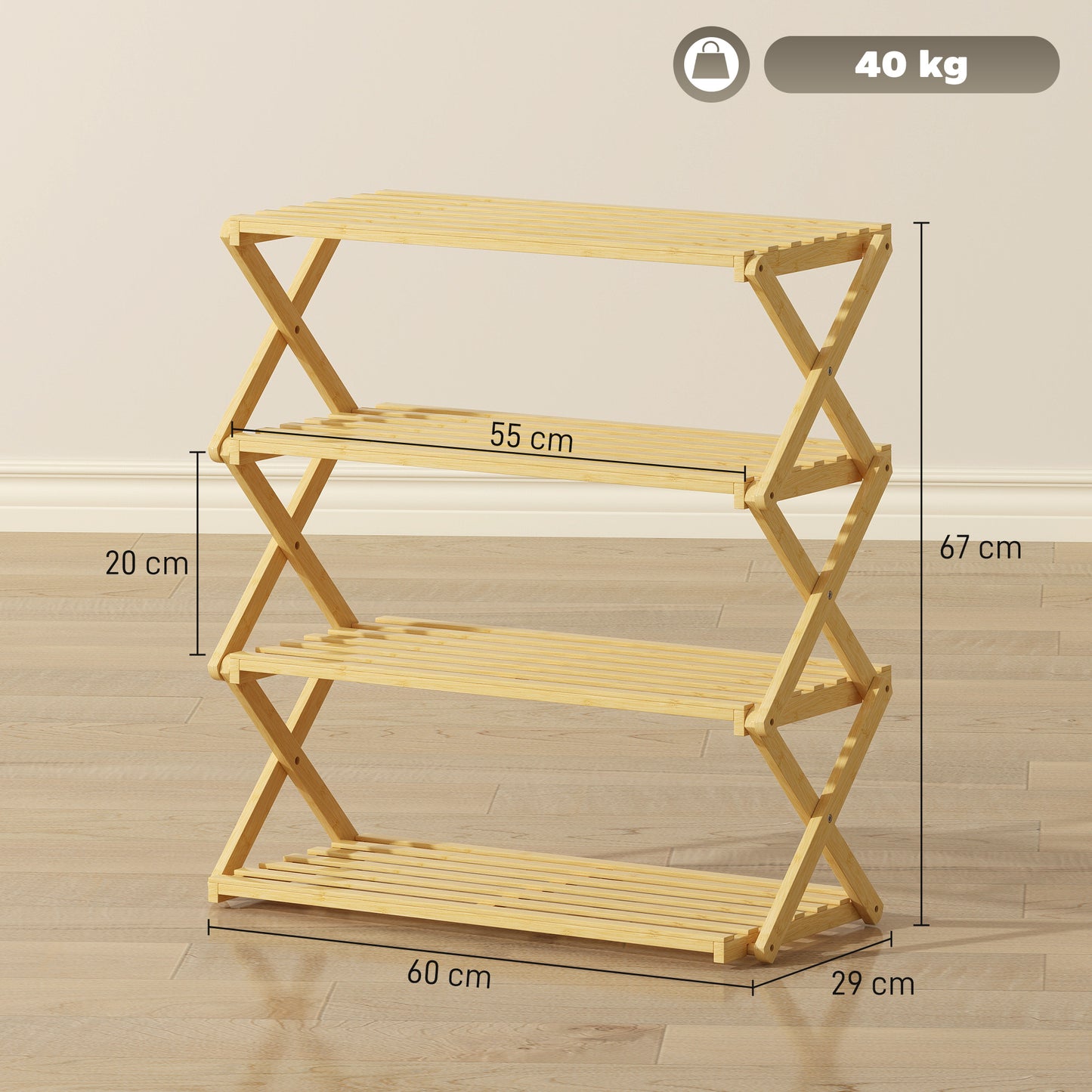 HOMCOM Four-Tier Folding Bamboo Shoe Rack - Natural Finish