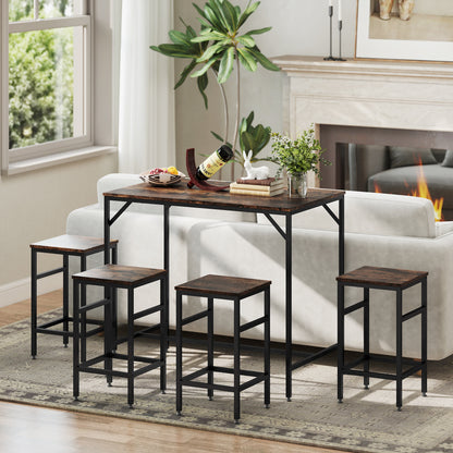 HOMCOM 5-Piece Breakfast Bar Table and Stools Set, Kitchen Bar Table Set with High Table and 4 Stools, Space Saving Compact Dining Furniture for Small Spaces, Rustic Brown