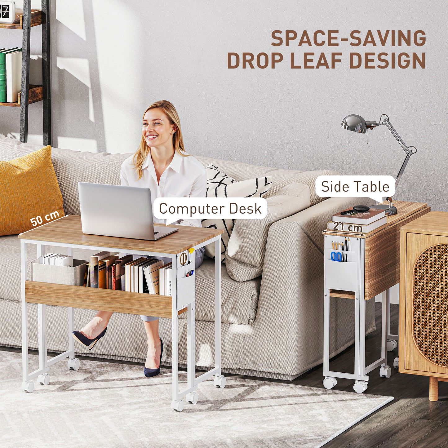 HOMCOM 80 cm Drop Leaf Writing Work Desk - Natural Wood Finish