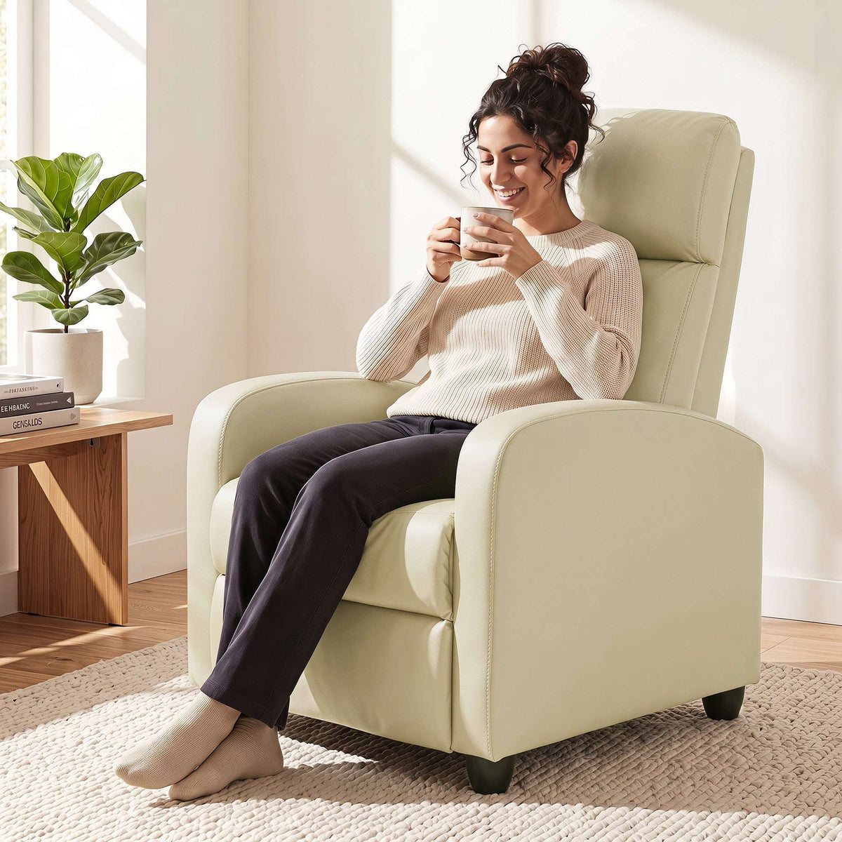 HOMCOM Recliner Armchair, Massage Faux Leather Push Back Reclining Chair with Adjustable Leg Rest, Side Pocket, Cream White