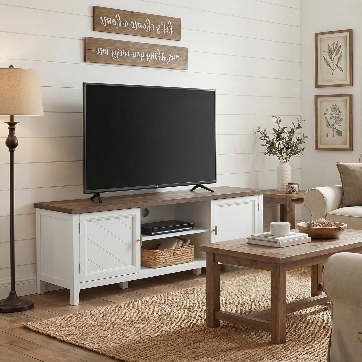 HOMCOM TV Stand for TVs up to 42 Inch, Farmhouse Entertainment Center with 2 Open Shelves, 2 Cabinets and Thick Top