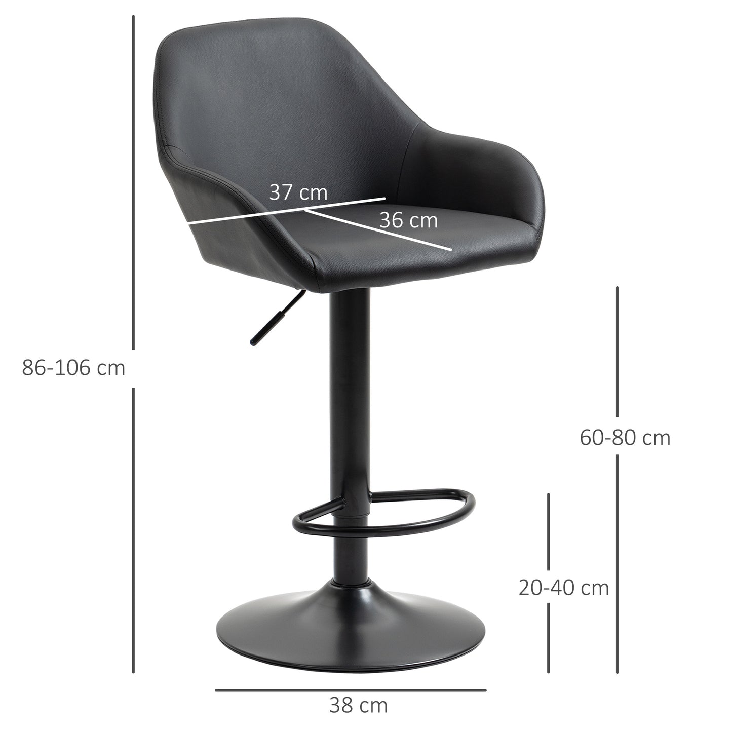 HOMCOM Adjustable Bar Stools Set of 2, Swivel PU Leather Barstools with Backrest & Footrest, Black