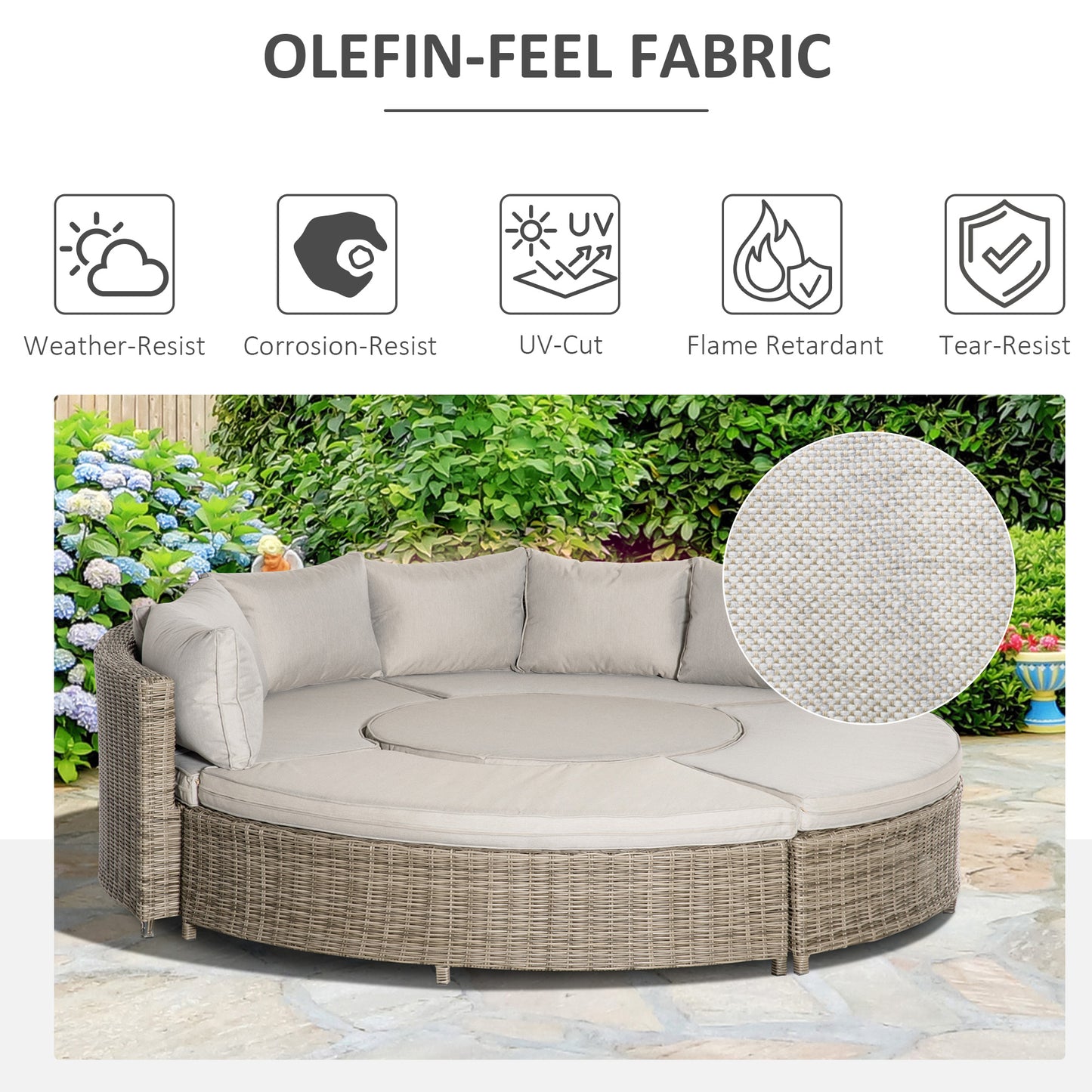 Outsunny 5 Pieces Outdoor PE Rattan Round Garden Daybed with Cushions, Aluminium Lounge Chair Conversation Sofa Set with Liftable Coffee Table and Protect Cover, Grey